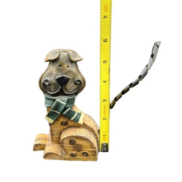 Puppy Dog Wearing a Green White Scarf Figurine Resin w Curly Bendable Metal Tail - Picture 4 of 7